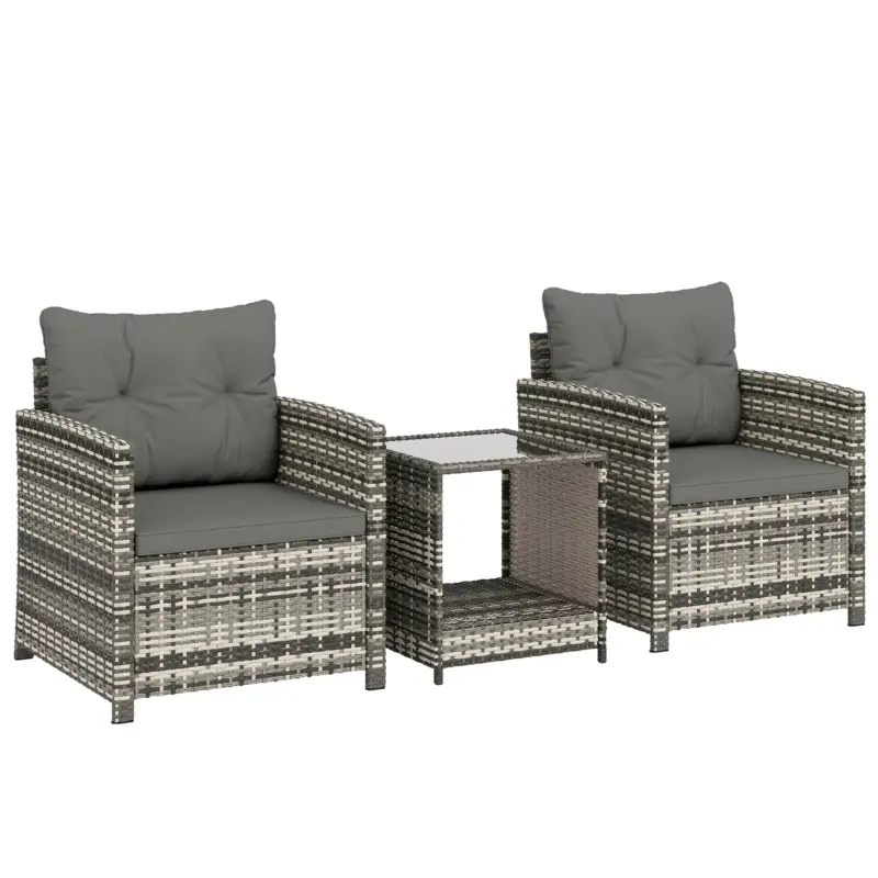 Cel mai vândut Outsunny Set mobilier exterior 3 piese din rășină împletită, masă și 2 fotolii cu perne, 62x65x75 cm, Gri deschis