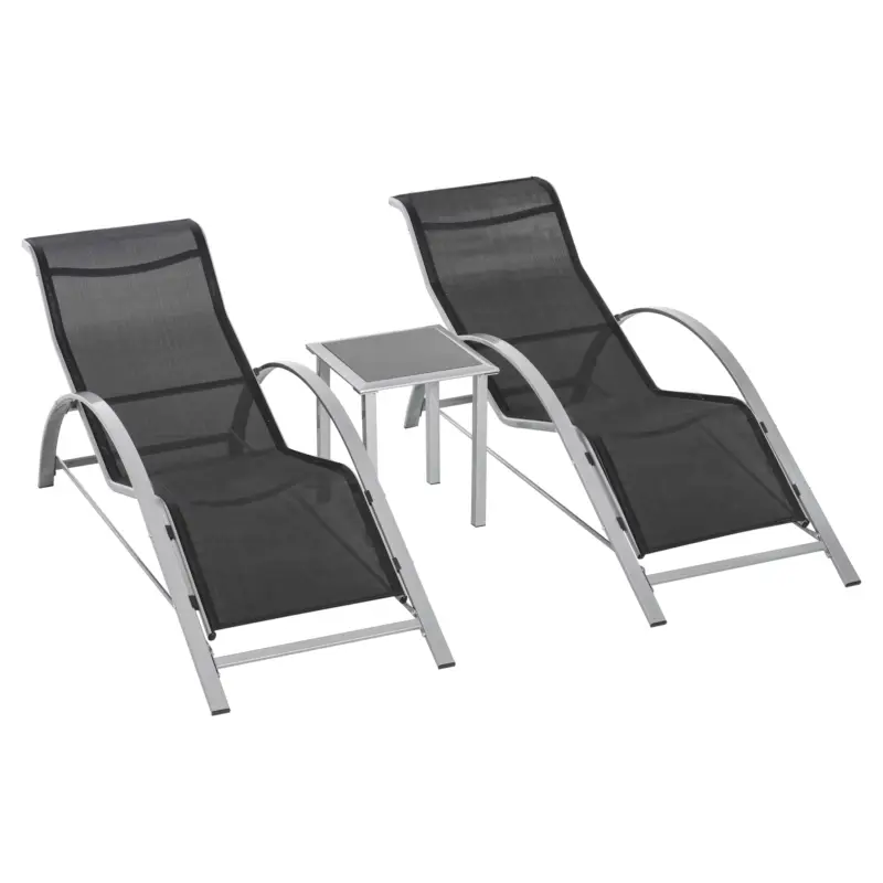 Outsunny Set 2 Sezlonguri de Gradina si 1 Masuta cu Raft din Sticla Negru Ofertă de sezon