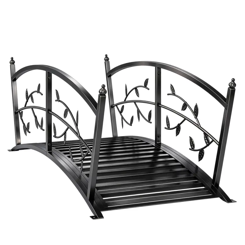 Disponibil imediat Outsunny Pod de Grădină Metalic 1,2 m Pod Decorativ pentru Iaz cu Balustrade de Siguranță și Design cu Frunze Negru