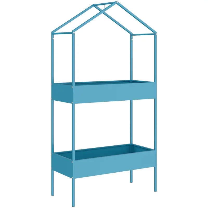 Outsunny Suport pentru Ghivece pe 2 Niveluri din Metal în Formă de Căsuță, Etajeră pentru Plante cu Agățătoare, pentru Interior și Exterior, 75x35x150 cm, Albastru-Verde Ieftin