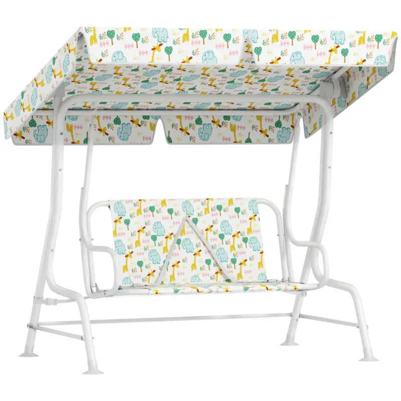 Ofertă specială AIYAPLAY Leagăn pentru Copii de Exterior cu 2 Locuri, Acoperiș Reglabil și Centuri de Siguranță, 112x75x120 cm, Alb