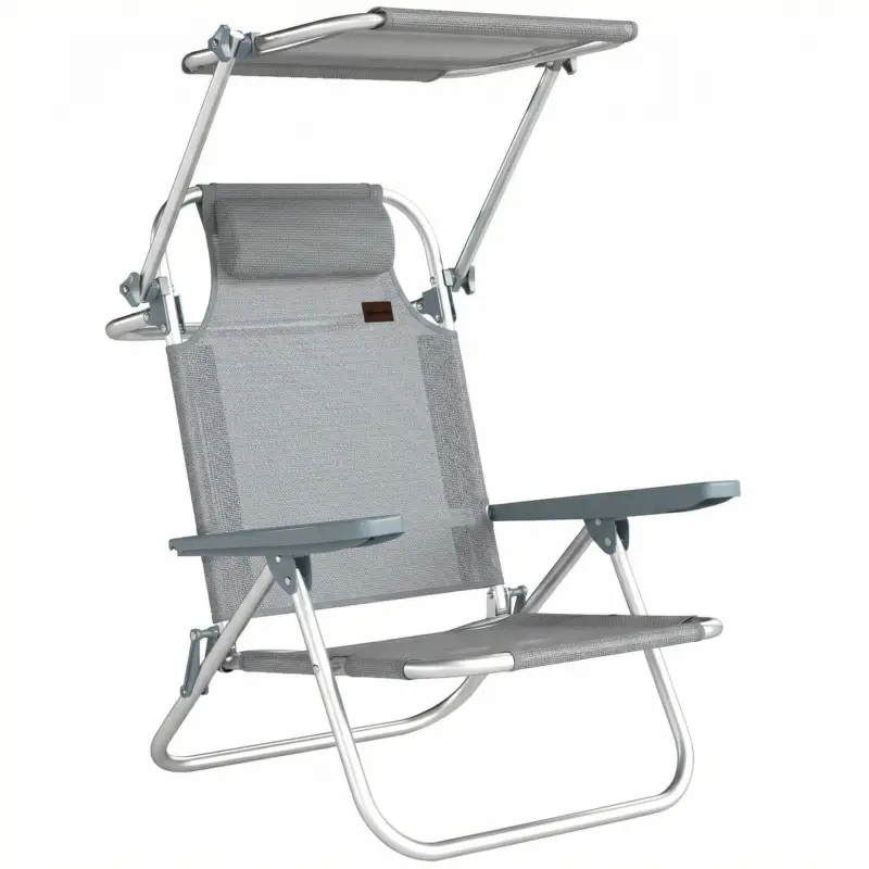 Ofertă specială Outsunny Șezlong Reclinabil cu 6 Nivele, Copertină Reglabilă și Tetieră, din Aluminiu și Plasă, 62x68x79, Gri
