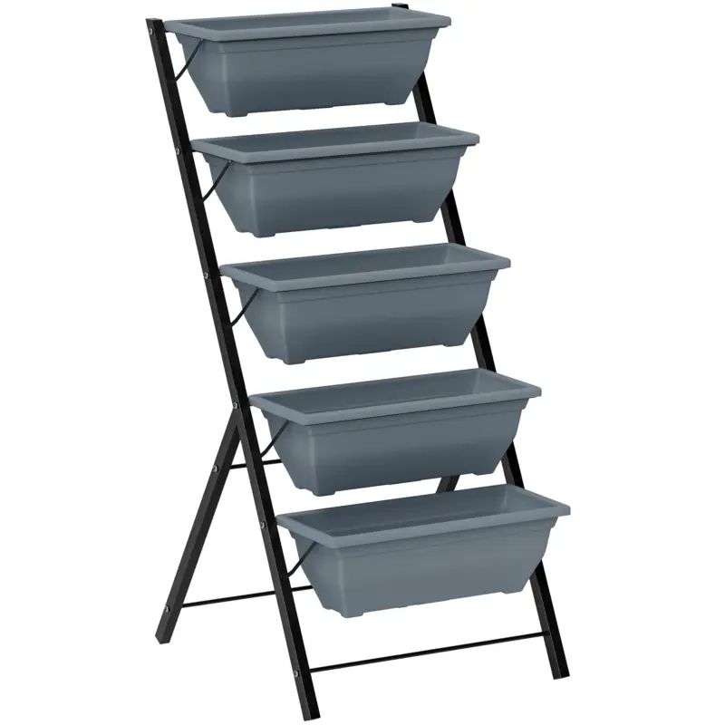 Promoție Outsunny Jardinieră înălțată cu niveluri jardinieră verticală cu 5 ghivece orificii de drenaj cadru din oțel gri