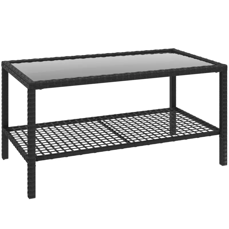 Retur ușor Outsunny Măsuță de Cafea din Ratan pe 2 Niveluri cu Raft, Blat din Sticlă Securizată, Măsuță de Exterior cu Cadru din Oțel, 92x50x45 cm, Negru