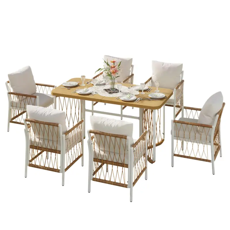 Expediere rapidă Set modern de mobilier de grădină, 7 piese, cadru alb din fier cu cotiere împletite, 1 masă+6 scaune, Bej+Culoare naturală