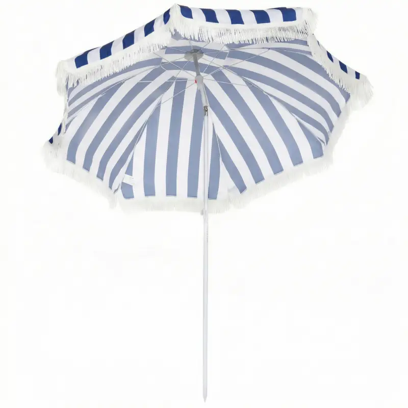 Retur gratuit Outsunny Umbrelă de Plajă cu Franjuri Ø180 cm Umbrelă pentru Terasă Exterioară cu Înălțime Reglabilă Înclinare 30° Albastru și Alb