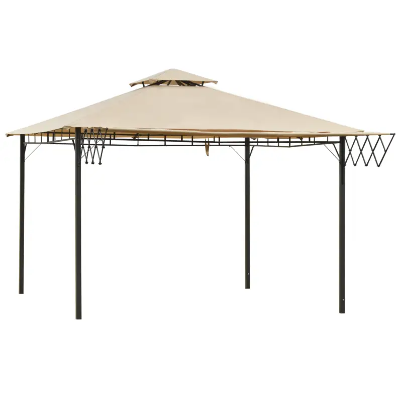 Calitate înaltă Outsunny Pergolă Metalică pentru Exterior sau Grădină, Foișor cu Acoperiș Dublu și Pânză Extensibilă, 3.3x3.3 m, Maro Deschis