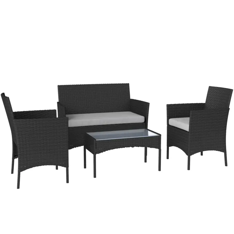 Mai ieftin Outsunny Set mobilier de grădină exterior 4 persoane din rășină împletită cu canapele și măsuță din sticlă securizată perne incluse gri