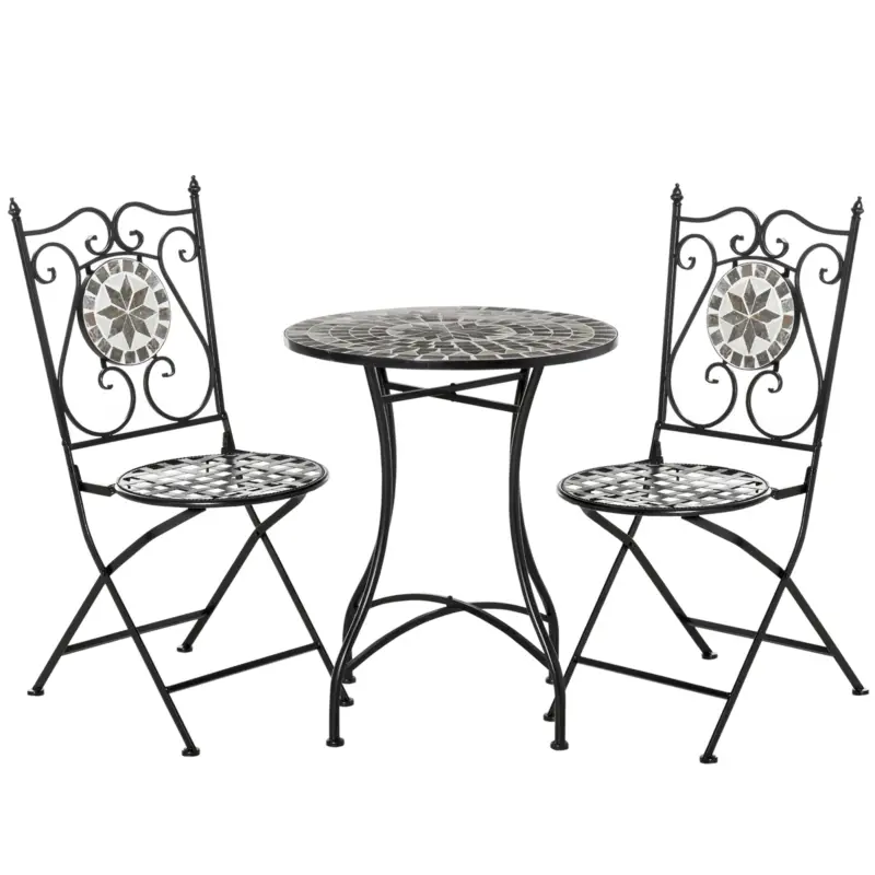 Outsunny Set grădină pentru 2 persoane Set mobilier balcon Masă mozaic+scaune pliabile Metal Placă ceramică Multicolor Transport gratuit