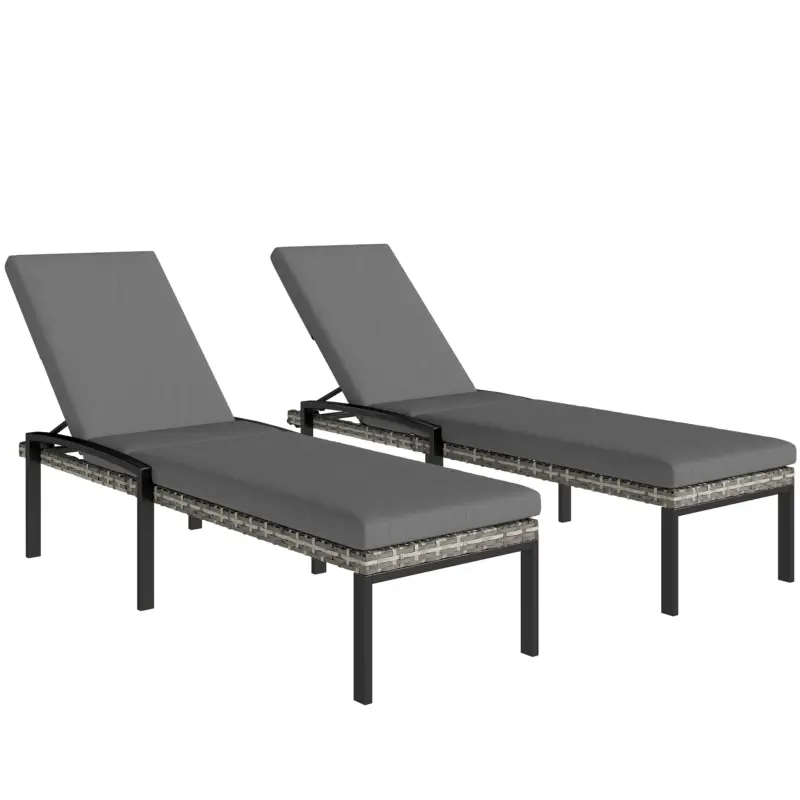 Ofertă specială Outsunny Set de 2 șezlonguri Polyrattan, șezlong de grădină cu spătar reglabil în 5 poziții, pernă, până la 120 kg, Gri deschis