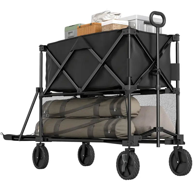 Calitate înaltă Outsunny Cărucior de grădină pliabil 350L cu roți cărucior de transport cu 2 etaje încărcare 200 kg negru