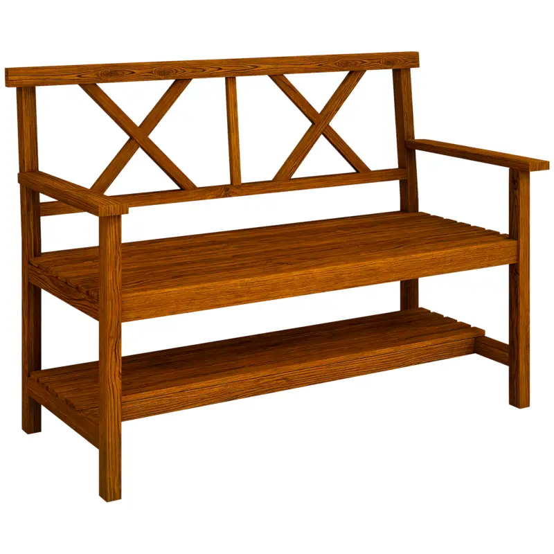 Outsunny Bancă din Lemn, Bancă cu 2 Locuri de Exterior cu Raft de Depozitare, Spătar, Cotiere și Scaun, 125x58x88 cm, Carbonizat Cumpără online