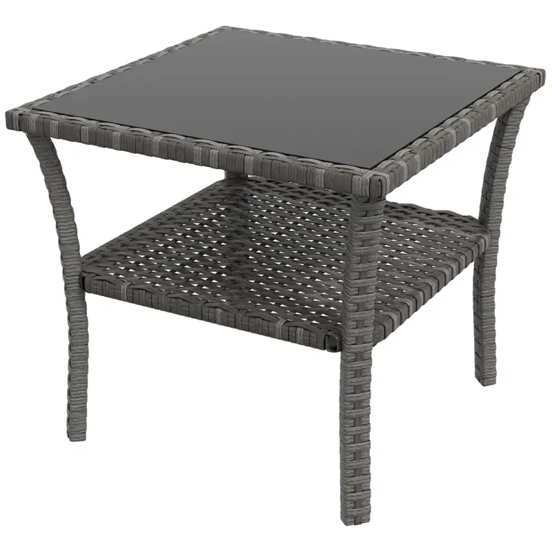 Ieftin Outsunny Masă de grădină din polyrattan, 50 x 50 x 45 cm, măsuță rezistentă la intemperii pentru 4 persoane, pătrată cu raft și blat din sticlă