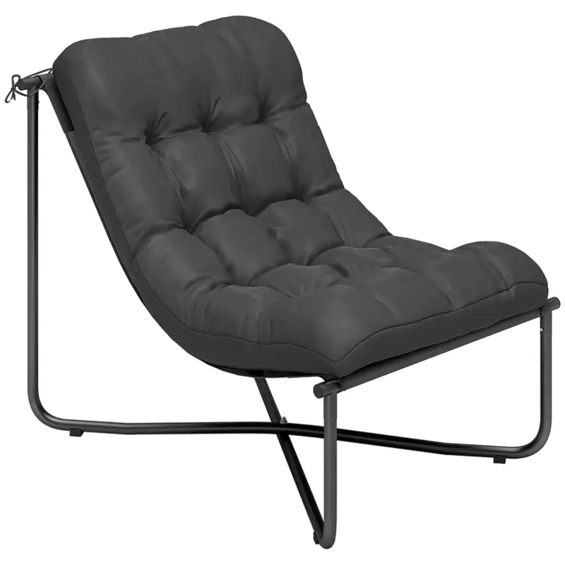 Outsunny Fotoliu lounge outdoor, fotoliu ergonomic de grădină cu pernă prietenoasă pielii, șezut lat, cadru din oțel, gri închis Ieftin