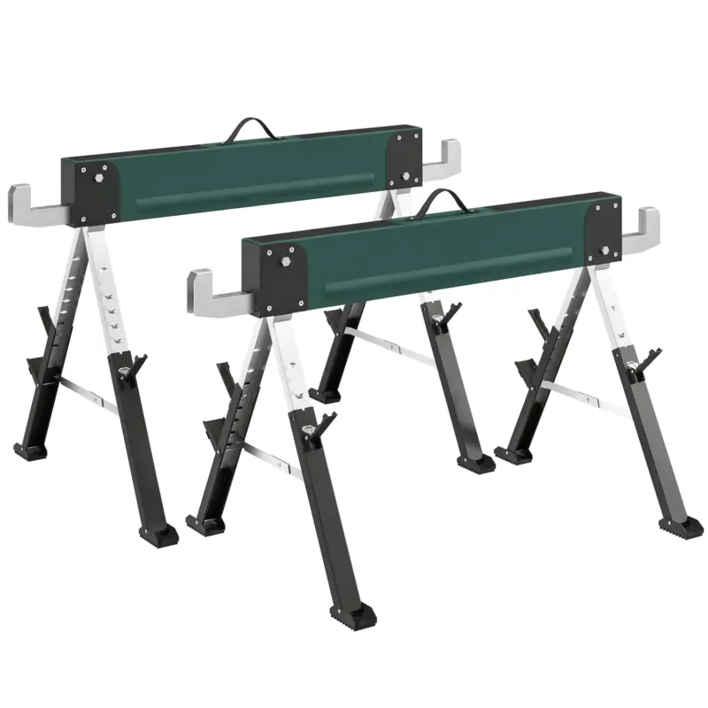 Promoție HOMCOM set de 2 cavalete pliabile din metal, sarcină max 1160 kg, înălțime reglabilă 64-81cm, mâner de transport, verde