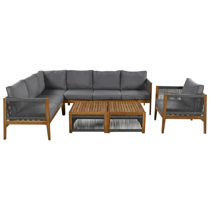Set lounge de grădină pentru 7-8 persoane cu canapea, mese și perne, husă lavabilă, design din frânghie, Culoare naturală+Gri Premium