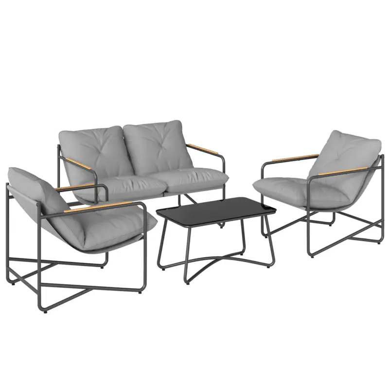 Set de Grădină Outsunny cu Canapea, 2 Fotolii și Măsuță cu Blat din Sticlă, Mobilier de Exterior cu Perne Groase, Gri Deschis Reduceri