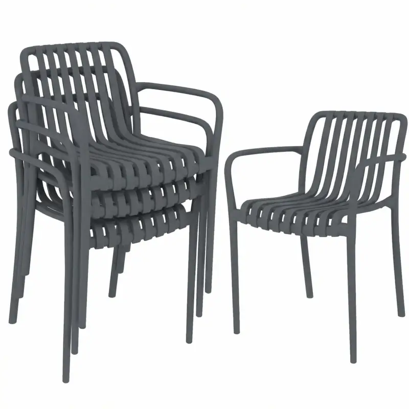 Outsunny Set 4 scaune pentru grădină Scaune stivuibile pentru terasă cu design cu lamele și cotiere, ergonomice Gri închis Preț promoțional