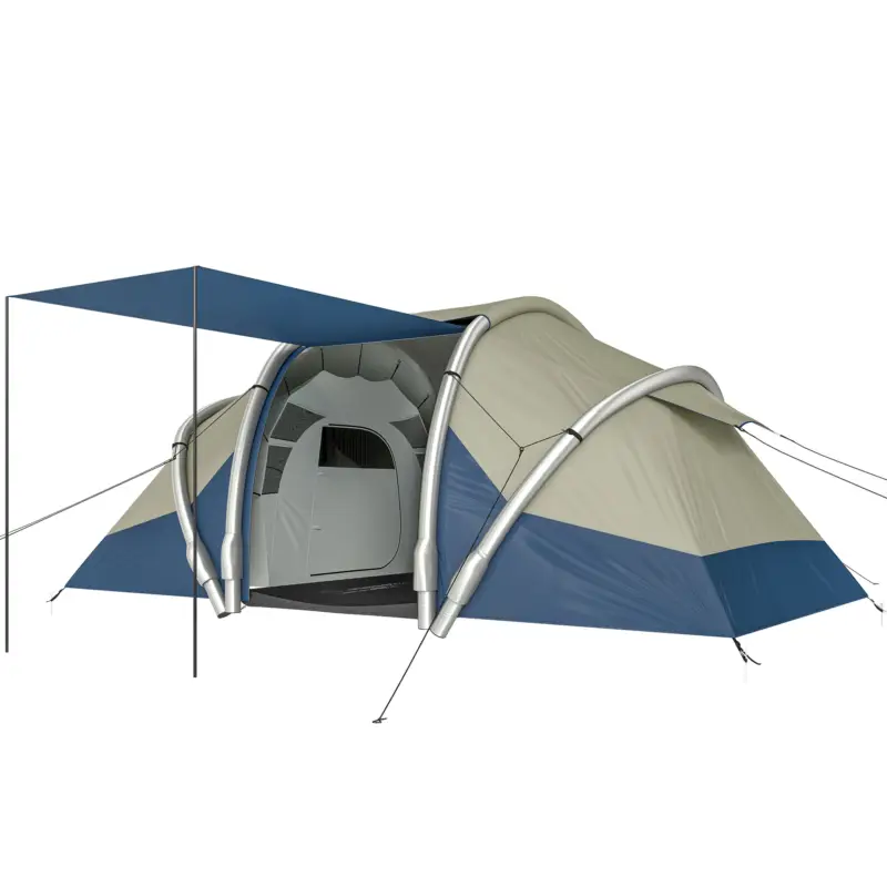 Ofertă de sezon Outsunny Cort gonflabil 4 persoane Montare rapidă Camping exterior cu 2 dormitoare, ferestre din plasă, pridvor