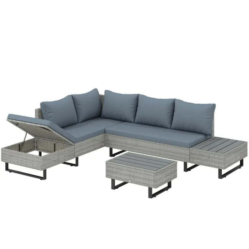 Lichidare de stoc Outsunny Set Mobilier de Grădină 3 Piese din Ratan, Canapea Colțar în L cu Spătar Reglabil și Masă Imitatie Lemn, Gri
