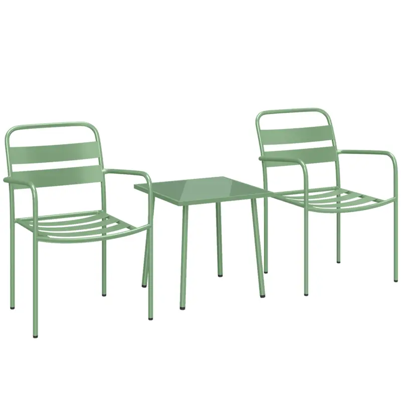 Retur ușor Outsunny Set bistro de grădină 3 piese - masă cu blat din sticlă securizată și 2 scaune cu șipci, cadru din oțel galvanizat, verde