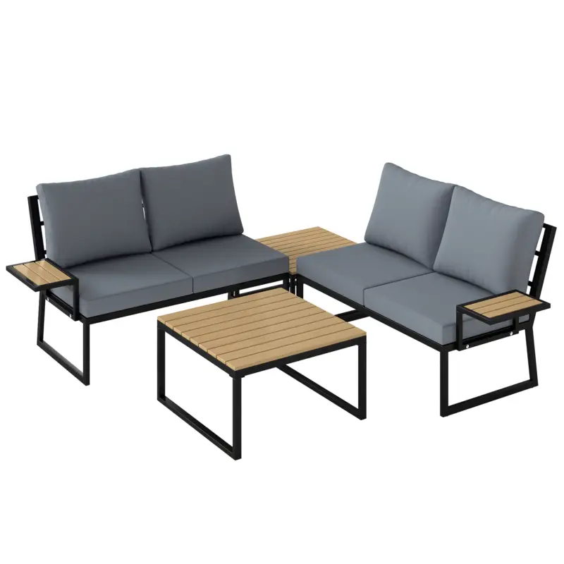 Outsunny Set mobilier de grădină în formă L, cadru metalic, pentru 4 persoane, lounge cu canapea 2 locuri și perne, 2 măsuțe suprapuse, Teak Ofertă limitată