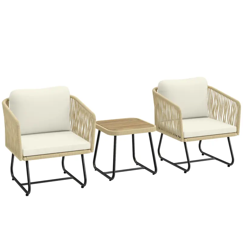 Outsunny Set bistro din ratan 3 piese FSC set mobilier de grădină cu 2 fotolii, masă din lemn cu lamele, perne groase lavabile, cadru din oțel Reducere