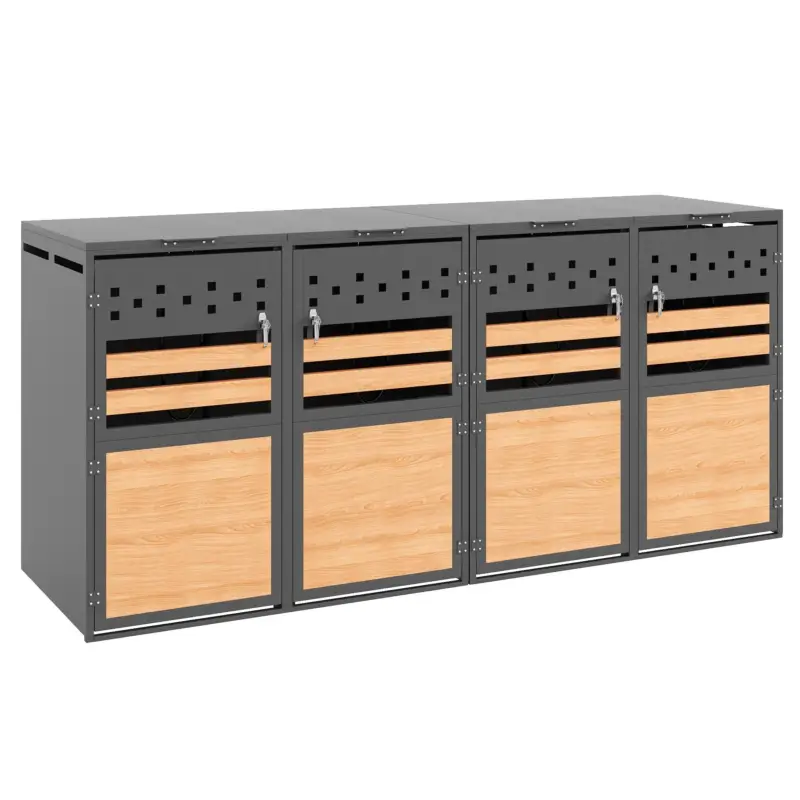 Super ofertă Cutie pentru pubele cu capac rabatabil hidraulic, patru compartimente încuiabile, ventilație în formă de romb, 264x80x120 cm, Gri+Culoare naturală