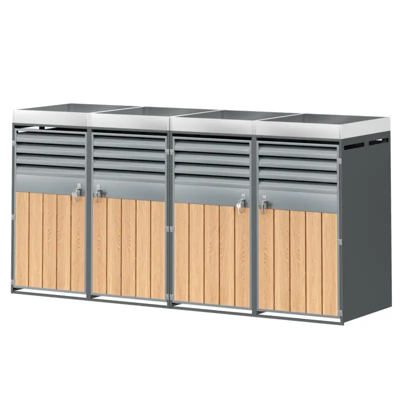 Cutie pentru pubele cu zonă de plantare integrată, dulap pentru pubele, 4‑compartimente, cu încuietoare, 264x80x124,5 cm, Gri+Culoare naturală Bestseller
