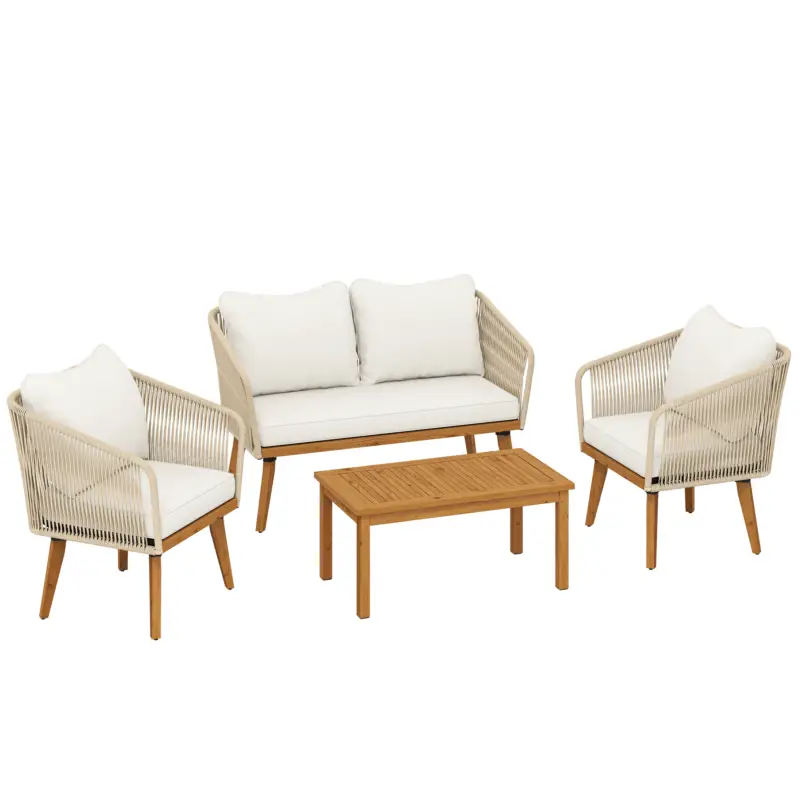 Outsunny Set mobilier grădină 4 piese lounge polyrattan cu canapea 2 locuri, 2 fotolii, masă din lemn de acacia cu lamele, perne groase lavabile Retur gratuit