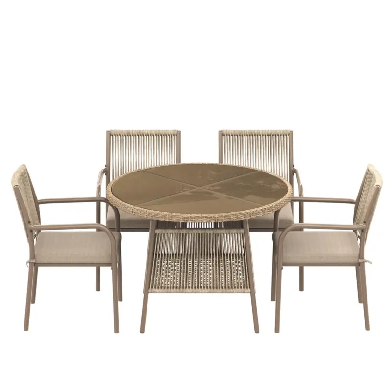 Cumpără acum Set mobilier de grădină modern, 5 piese, masă rotundă cu blat din sticlă securizată, 4 scaune cu brațe cu spătar din sfoară, Maro
