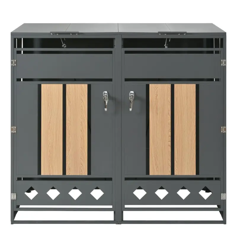 Livrare rapidă Cutie pentru pubele cu capac rabatabil hidraulic, uși cu încuietoare și două compartimente, 132x80x118,5 cm, Gri+Culoare naturală
