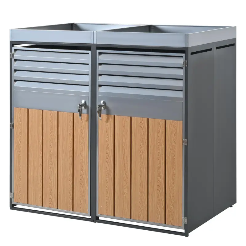 Preferatul clienților Cutie încuietabilă pentru pubele cu ghiveci integrat, ventilație cu lamele și două uși separate, 132x80x124,5 cm, Gri+Culoare naturală
