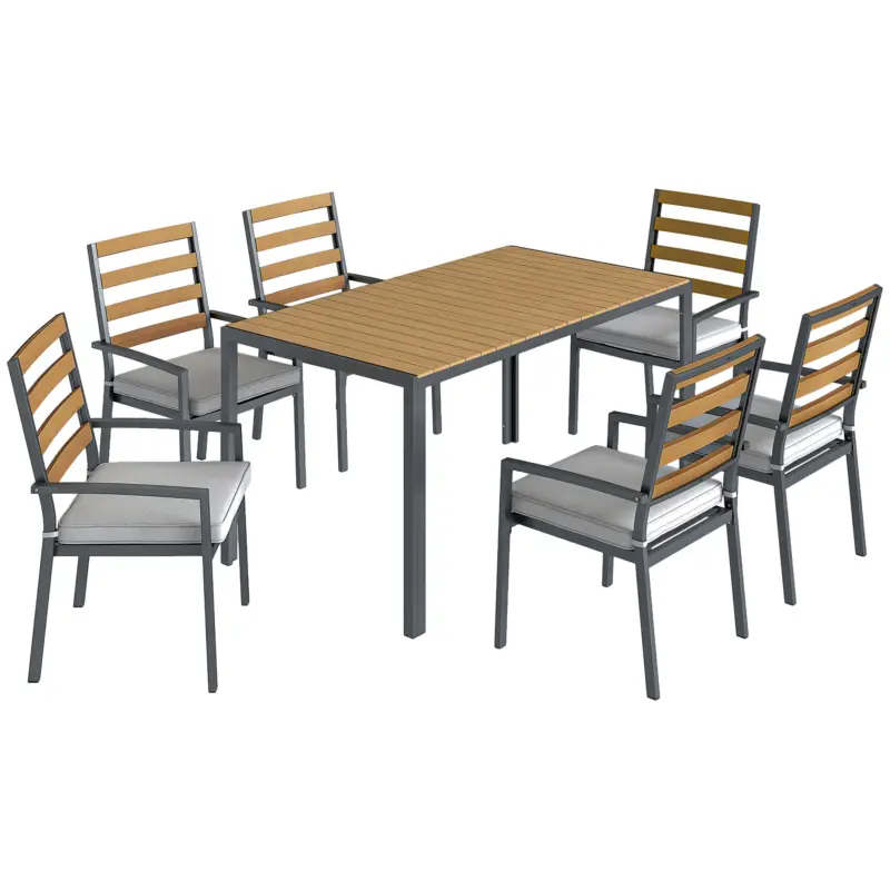 Outsunny Set mobilier grădină 7 piese, set cu 1 masă de dining, 6 scaune, perne, pentru terasă, lemn natural Transport gratuit