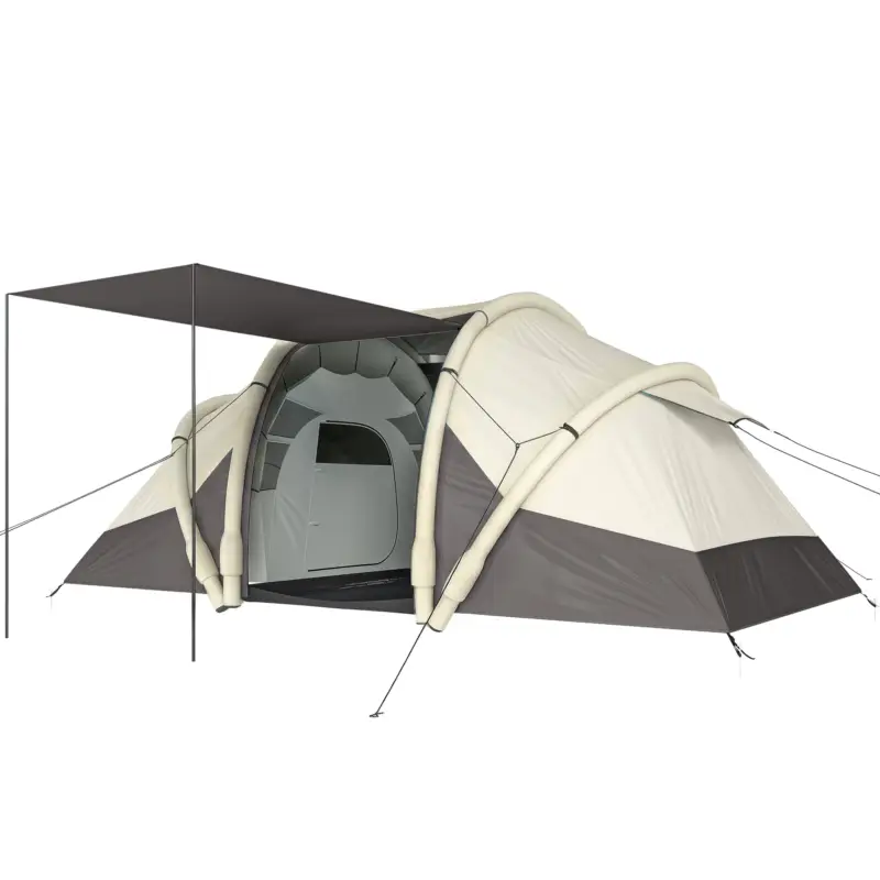 Ofertă limitată Outsunny Cort Gonflabil Camping 2-4 persoane cu pompă 2 camere și zonă de zi impermeabil 3000 mm 485x245x188 cm gri