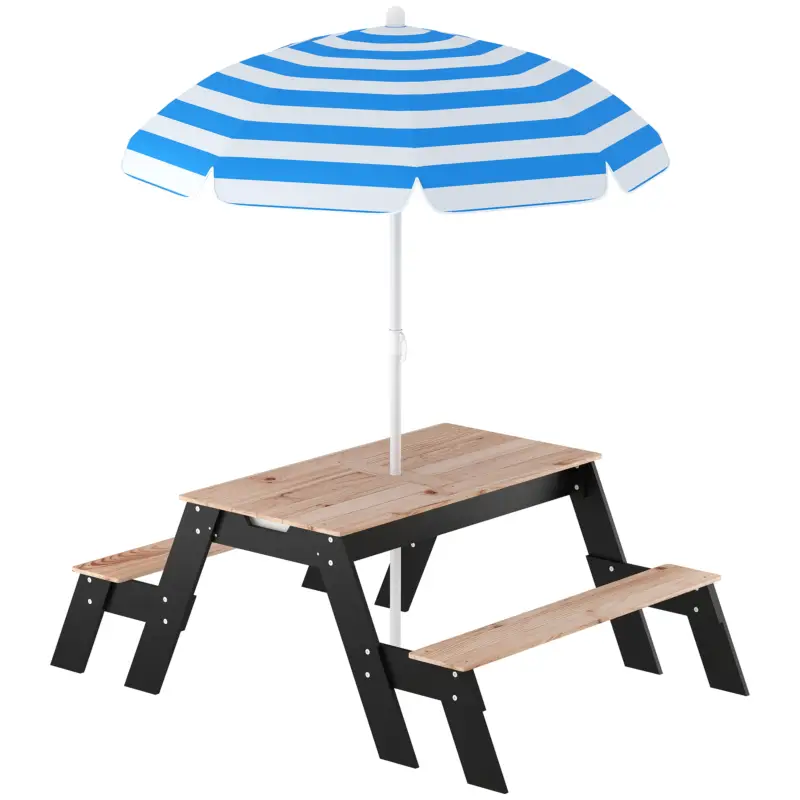 Vezi acum AIYAPLAY Masă de picnic pentru copii cu parasolar, set de grădină din lemn 3 în 1 pentru copii 3-6 ani cu 2 cutii, natural