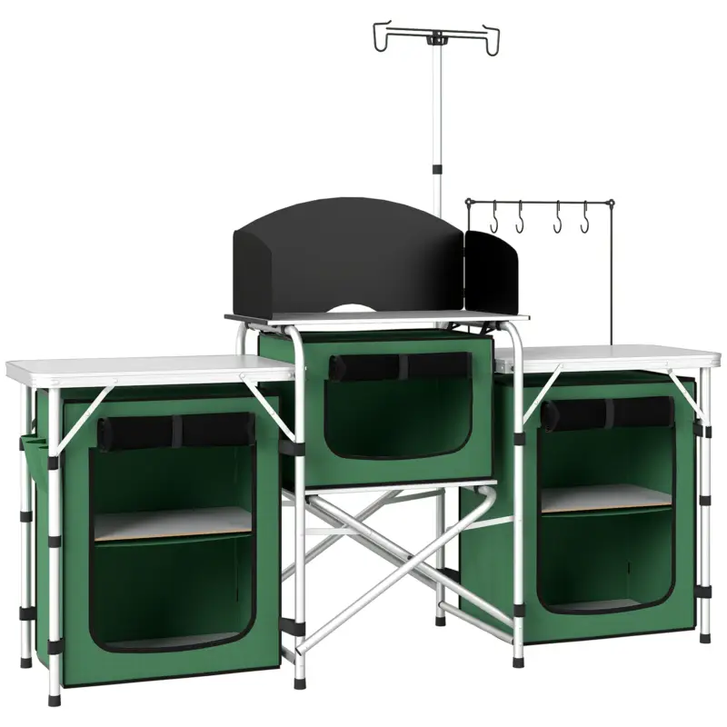 Outsunny Mobilier de Bucătărie pentru Camping Pliabil cu 3 Blaturi, 4 Cârlige, Stâlp de Lumină și Husă de Transport 172x48x119 cm Verde Cel mai vândut