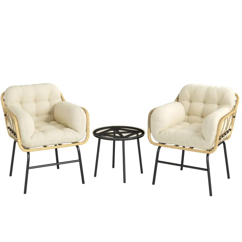 Vezi acum Outsunny Set mobilier exterior 3 piese din rășină împletită, masă din sticlă securizată, 2 fotolii cu perne, 62x73x79cm, Kaki