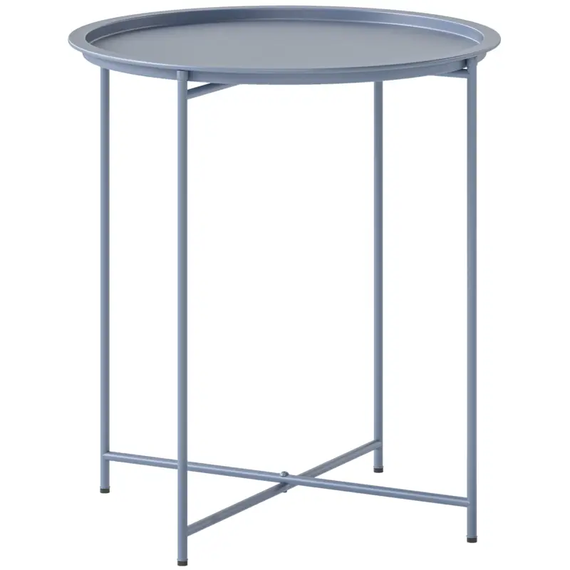 Outsunny Măsuță Rotundă Măsuță de Supliment Blat Detașabil cu Margine Ridicată Picioare Pliabile din Metal Ø46x50cm Albastru-Gri Reducere de preț