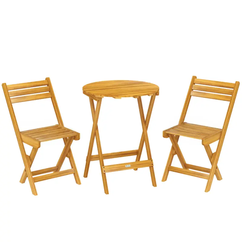 Ieftin Outsunny Set bistro pliant 3 piese din lemn de acacia cu masă rotundă și 2 scaune, fără asamblare, 60x60x75cm, Natural