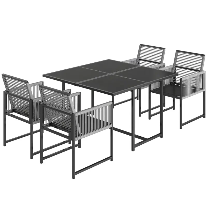 Noutate Outsunny Set mobilier grădină 5 piese masă din sticlă cu 4 scaune respirabile, spătare rabatabile, împletitură din sfoară