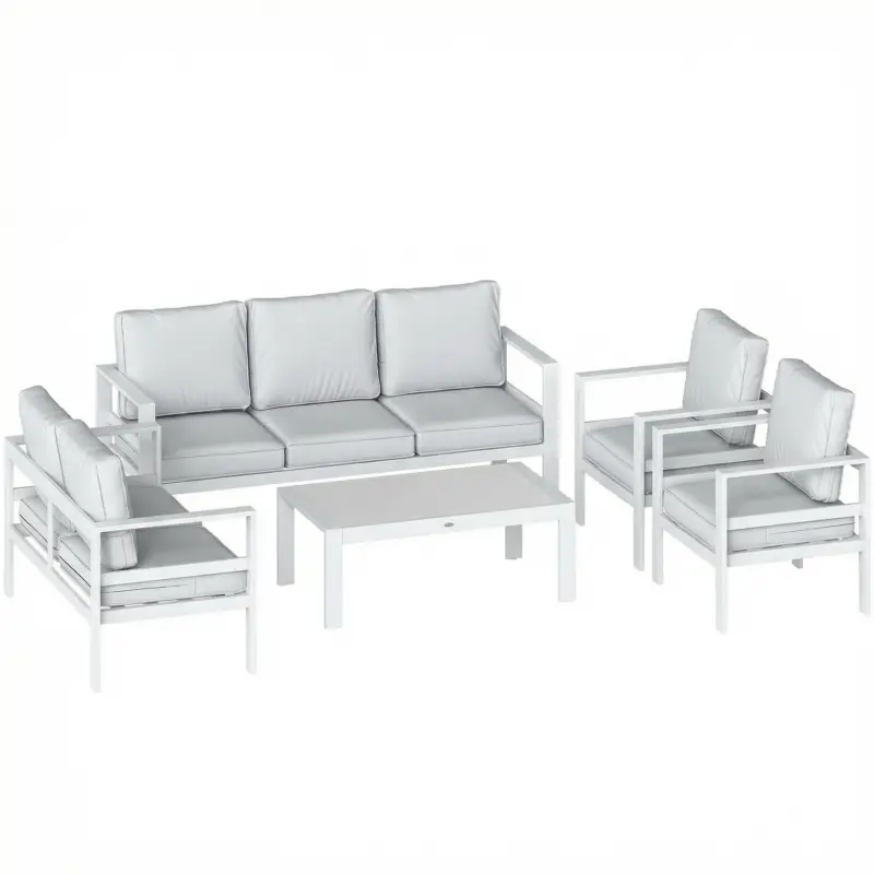 Outsunny Mobilier de Grădină din Aluminiu cu Canapea 3 Locuri, 2 Fotolii și Masă pentru Exterior, Alb Disponibil imediat