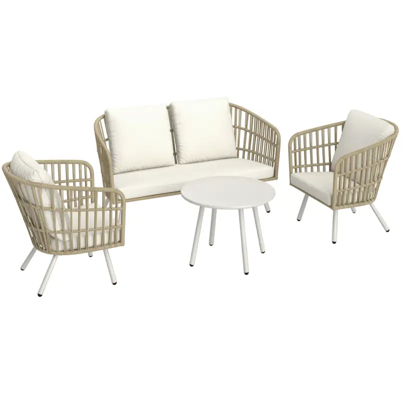 Outsunny Set mobilier grădină poliratan, 4 persoane, canapea 2 locuri, fotoliu, masă, perne, Kaki Vezi acum