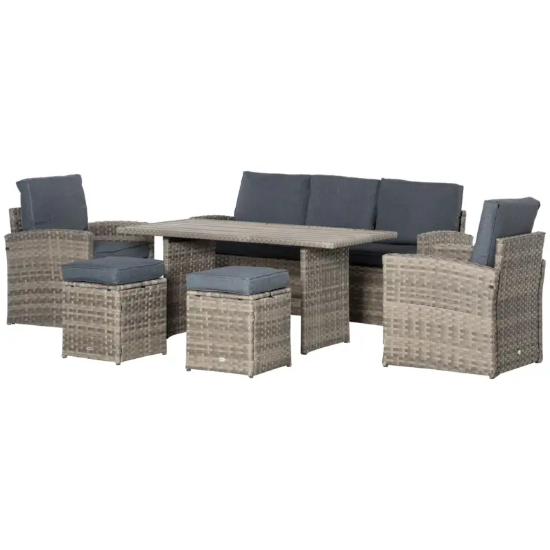 Outsunny Set Mobila de Gradina de 6 Piese din Ratan PE, Salon cu Canapea 3 Locuri, 2 Fotolii, 2 Taburete si Masa, Perne Detasabile si Lavabile, Gri Cel mai vândut