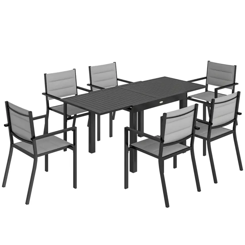 Vezi acum Outsunny masă pentru grădină cu scaune, set masă și scaune pentru grădină, masă și scaune pentru exterior, set de dining pentru grădină, masă extensibilă pentru exterior, set masă și scaune din aluminiu