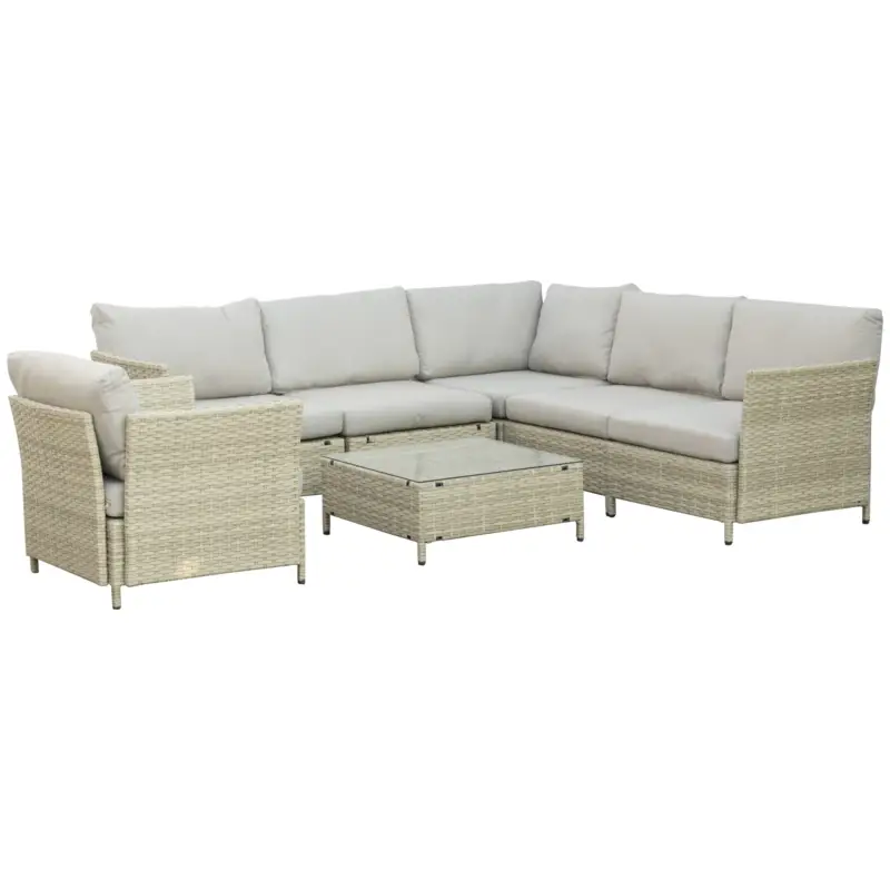 Outsunny Mobilier pentru gradina 7 bucati, modular cu masuta, fotoliu, fotoliu de colt si 2 canapele din ratan PE cu perne, bej Vezi acum