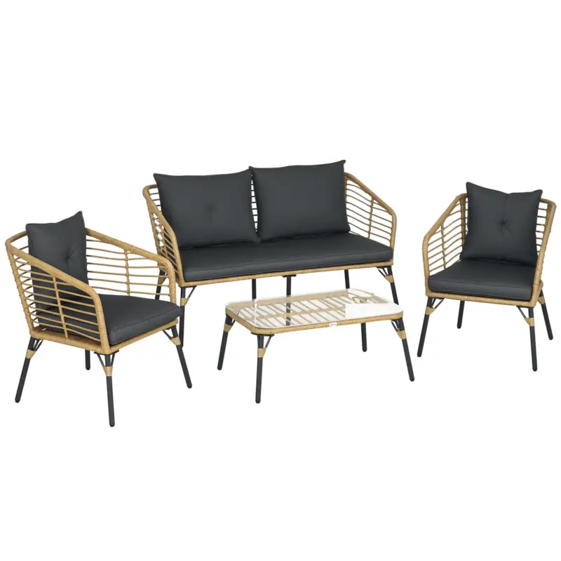 Nu rata Outsunny Set Mobilier de Grădină din Ratan cu Canapea, 2 Fotolii cu Perne și Măsuță, 131x63x76 cm, Gri Închis