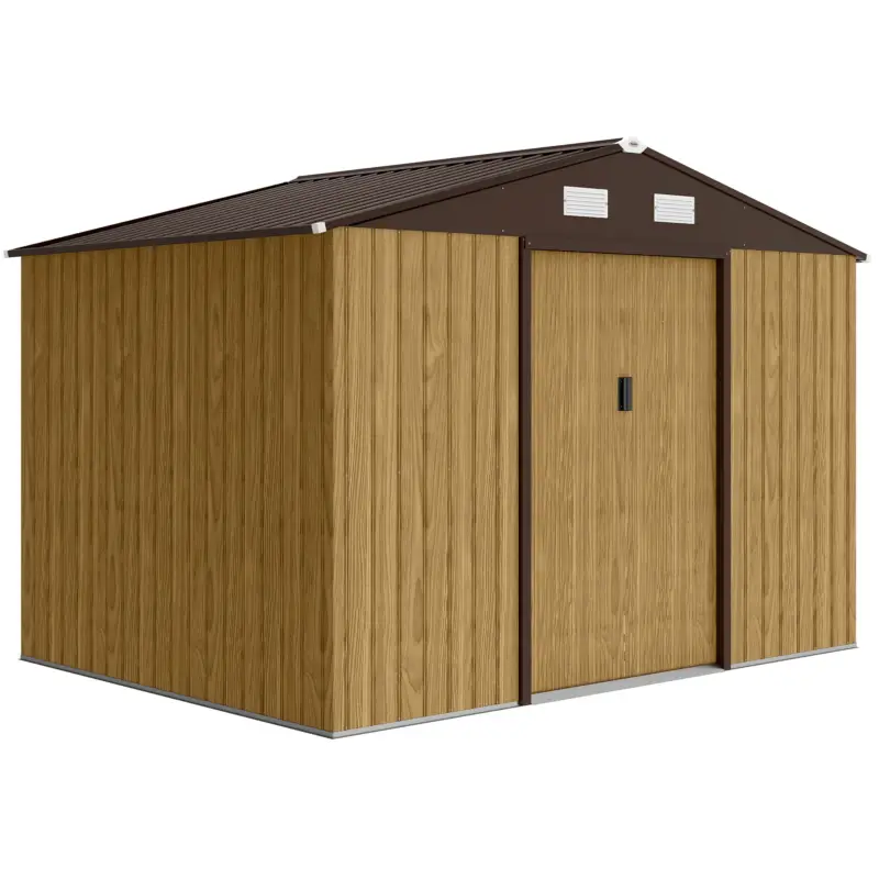 Outsunny Magazie de grădină exterioară 4,9 m² 277x195x192 cm cu ușă culisantă, ventilație și kit de fundație, maro Nu rata