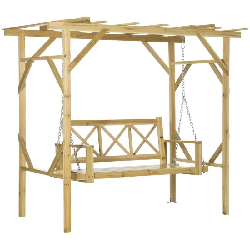 Cel mai vândut Outsunny Bancă-leagăn cu pergolă, pentru 2 persoane, reglabilă pe înălțime, cadru din lemn masiv, 2,21 x 1,40 x 1,96 m