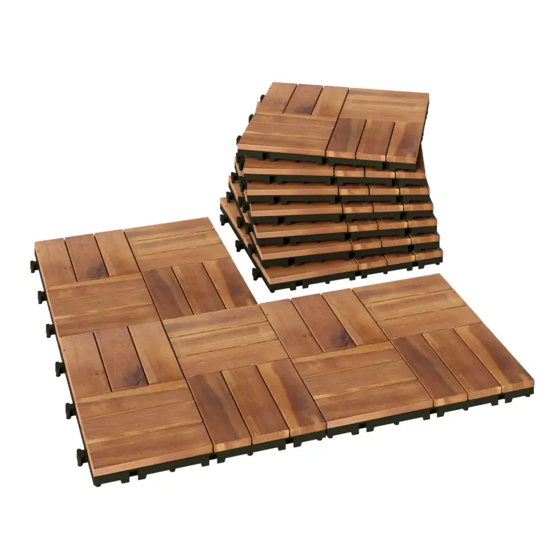Disponibil imediat Outsunny Set de 10 bucăți Plăci exterioare din lemn 31x31 cm 0,91 m² Pardoseală grădină exterioară Antiderapante Maro închis
